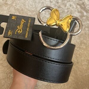 Brand New Disney Buckle-Down Signature Logo Black Belt Metal Gold Silver Minnie